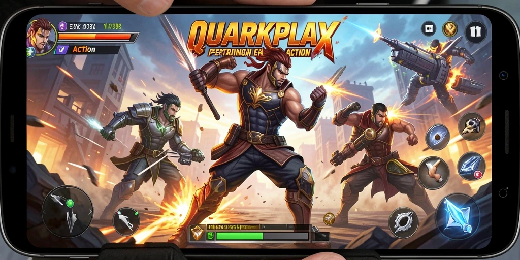 Antarmuka utama QUARKPLAY menunjukkan aksi pertempuran yang intens dan karakter-karakter yang dinamis.